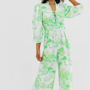 Asos Green / White Floral Leaf Print Lace Up Jumpsuit